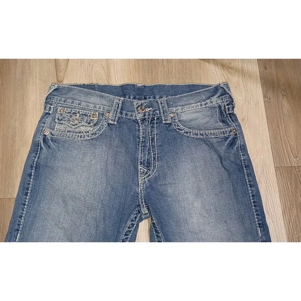 Size 33 True Religion Straight Leg Jeans Blue Thick White Contrast Stitch Flap